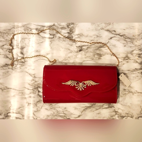 BNWT Red Evening Purse with Gold/Rhinestone Detail & Removable Gold Chai… - Picture 3 of 5